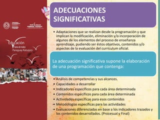 ADECUACIONES
SIGNIFICATIVAS
• Adaptaciones que se realizan desde la programación y que
implican la modificación, eliminación y/o incorporación de
algunos de los elementos del proceso de enseñanza
aprendizaje, pudiendo ser éstos objetivos, contenidos y/o
aspectos de la evaluación del currículum oficial.
La adecuación significativa supone la elaboración
de una programación que contenga:
• Análisis de competencias y sus alcances.
• Capacidades a desarrollar
• Indicadores específicos para cada área determinada
• Contenidos específicos para cada área determinada
• Actividades específicas para esos contenidos
• Metodologías específicas para las actividades
• Evaluaciones diferenciadas en base a los indicadores trazados y
los contenidos desarrollados. (Procesual y Final)
 
