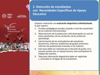 Empezar realizando una evaluación diagnóstica individualizada,
lo que supone:
1. Pruebas pedagógicas acordes al grado o nivel de escolaridad
de las materias instrumentales.
2. Observaciones de la producción y del desempeño en aula de
éstos estudiantes, de las conductas, de los estilos de
aprendizaje.
3. Interiorización de los antecedentes del estudiante
(Anamnesis, informes académicos de grados anteriores,
informes de profesionales tratantes si los hubiera)
4. Esta tarea debe ser realizada por el docente de grado. Si la
escuela contara con un equipo técnico, éste acompañará el
trabajo del maestro.
5. Toda esta información diagnóstica debe ser registrada
y archivada en el legajo de los estudiantes.
1- Detección de estudiantes
con Necesidades Especificas de Apoyo
Educativo
 