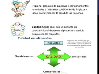 Calidad: Grado en el que un conjunto de
características inherentes al producto o servicio
cumple con los requisitos.
Higiene: Conjunto de prácticas y comportamientos
orientados a mantener condiciones de limpieza y
aseo que favorezcan la salud de las personas.
 