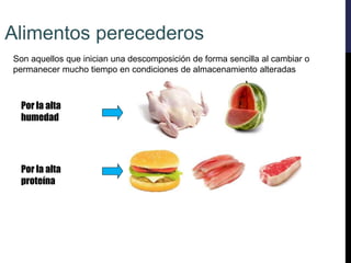 Son aquellos que inician una descomposición de forma sencilla al cambiar o
permanecer mucho tiempo en condiciones de almacenamiento alteradas
Por la alta
humedad
Por la alta
proteína
Alimentos perecederos
 