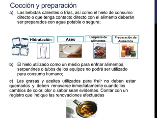 Cocción y preparación
a) Las bebidas calientes o frías, así como el hielo de consumo
directo o que tenga contacto directo con el alimento deberán
ser preparados con agua potable o segura;
b) El hielo utilizado como un medio para enfriar alimentos,
serpentines o tubos de los equipos no podrá ser utilizado
para consumo humano;
c) Las grasas y aceites utilizados para freír no deben estar
quemados y deben renovarse inmediatamente cuando los
cambios de color, olor o sabor sean evidentes. Contar con un
registro que indique las renovaciones efectuadas
Hidratación Aseo
Limpieza de
Alimentos
Preparación de
Alimentos
 