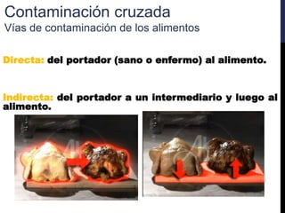 Directa: del portador (sano o enfermo) al alimento.
Indirecta: del portador a un intermediario y luego al
alimento.
Contaminación cruzada
Vías de contaminación de los alimentos
 