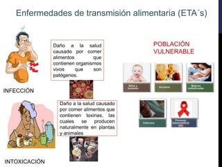 Daño a la salud
causado por comer
alimentos que
contienen organismos
vivos que son
patógenos.
Daño a la salud causado
por comer alimentos que
contienen toxinas, las
cuales se producen
naturalmente en plantas
y animales
INFECCIÓN
INTOXICACIÓN
Enfermedades de transmisión alimentaria (ETA´s)
POBLACIÓN
VULNERABLE
 