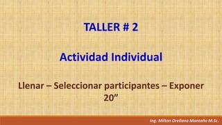 Ing. Milton Orellana Montaño M.Sc.
TALLER # 2
Actividad Individual
Llenar – Seleccionar participantes – Exponer
20”
 