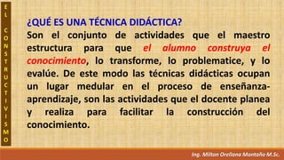 Ing. Milton Orellana Montaño M.Sc.
¿QUÉ ES UNA TÉCNICA DIDÁCTICA?
Son el conjunto de actividades que el maestro
estructura para que el alumno construya el
conocimiento, lo transforme, lo problematice, y lo
evalúe. De este modo las técnicas didácticas ocupan
un lugar medular en el proceso de enseñanza-
aprendizaje, son las actividades que el docente planea
y realiza para facilitar la construcción del
conocimiento.
E
L
C
O
N
S
T
R
U
C
T
I
V
I
S
M
O
 