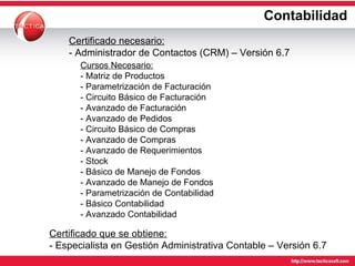 Contabilidad Certificado que se obtiene: - Especialista en Gestión Administrativa Contable – Versión 6.7 Cursos Necesario: - Matriz de Productos  - Parametrización de Facturación - Circuito Básico de Facturación - Avanzado de Facturación - Avanzado de Pedidos - Circuito Básico de Compras - Avanzado de Compras - Avanzado de Requerimientos - Stock - Básico de Manejo de Fondos - Avanzado de Manejo de Fondos - Parametrización de Contabilidad - Básico Contabilidad - Avanzado Contabilidad Certificado necesario: - Administrador de Contactos (CRM) – Versión 6.7 