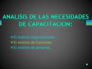El Análisis Organizacional.
El Análisis de Funciones.
El Análisis de personas.
 
