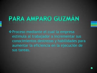 Proceso mediante el cual la empresa
estimula al trabajador a incrementar sus
conocimientos destrezas y habilidades para
aumentar la eficiencia en la ejecución de
sus tareas.
 