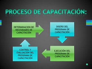 DETERMINACION DE
NECESIDADES DE
CAPACITACIÓN
DISEÑO DEL
PROGRAMA DE
CAPACITACIÓN
EJECUCIÓN DEL
PROGRAMA DE
CAPACITACIÓN
CONTROL Y
EVALUACION DEL
PROGRAMA DE
CAPACITACIÓN
 