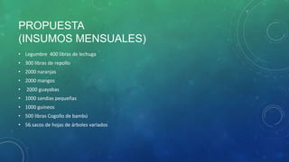 PROPUESTA
(INSUMOS MENSUALES)
• Legumbre 400 libras de lechuga
• 300 libras de repollo
• 2000 naranjas
• 2000 mangos
• 2000 guayabas
• 1000 sandias pequeñas
• 1000 guineos
• 500 libras Cogollo de bambú
• 56 sacos de hojas de árboles variados
 