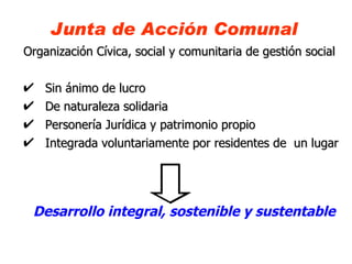 Junta de Acción Comunal
Organización Cívica, social y comunitaria de gestión social


    Sin ánimo de lucro
    De naturaleza solidaria
    Personería Jurídica y patrimonio propio
    Integrada voluntariamente por residentes de un lugar




 Desarrollo integral, sostenible y sustentable
 
