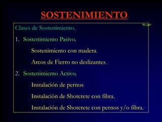 SOSTENIMIENTO
Clases de Sostenimiento.
1. Sostenimiento Pasivo.
 Sostenimiento con madera.
 Arcos de Fierro no deslizantes.
2. Sostenimiento Activo.
 Instalación de pernos
 Instalación de Shotcrete con fibra.
 Instalación de Shotcrete con pernos y/o fibra.
 