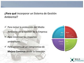  Para incluir la protección del Medio
Ambiente en la Gestión de la Empresa
 Para minimizar los impactos
ambientales
 Para consensuar un compromiso de
Mejora Continua desde la Dirección
¿Para qué incorporar un Sistema de Gestión
Ambiental?
 