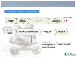 Diagnóstico
sectorial y
propuesta de
APL
Negociación
Adhesión
(empresas del
sector asociadas a
la A.G)
Diagnóstico
inicial por
empresa
IMPLEMENTACIÓN (seguimiento y control
mediante auditorias internas y externas)
Auditoria final y
validación
Certificado de
cumplimiento
AF: Realizada por un
auditor registrado en el
INN
Validación: por los SSPP
Otorgado a las empresas que
cumplen el 100% del APL
Asociación gremial
Evaluación
del APL
Comienzo del APL
ACUERDOS DE PRODUCCIÓN LIMPIA
 
