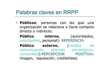 Palabras claves en RRPP Públicos : personas con las que una organización se relaciona o tiene contacto directo o indirecto: Público interno , (autoridades,  estudiantes , personal):  REFERENCIA Público externo , ( medios de comunicación, alianzas estratégicas, comunidad ): PERCEPCION POSITIVA : imagen,  reputación, credibilidad. 