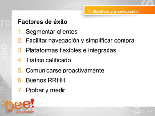 Objetivos de la campaña online
1. Objetivos y planificación
Factores de éxito
1. Segmentar clientes
2. Facilitar navegación y simplificar compra
3. Plataformas flexibles e integradas
4. Tráfico calificado
5. Comunicarse proactivamente
6. Buenos RRHH
7. Probar y medir
 
