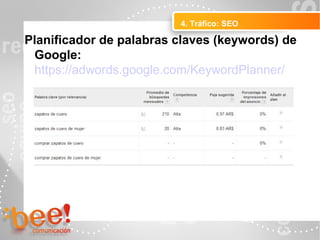4. Tráfico: SEO
Peluquerías Ropa
Planificador de palabras claves (keywords) de
Google:
https://adwords.google.com/KeywordPlanner/
 