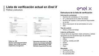 Lista de verificación actual en Enel X
11
Política y estructura
Estructura de la lista de verificación
Información context...