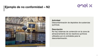 Ejemplo de no conformidad – N2
Actividad
Descontaminación de depósitos de sustancias
químicas.
Descripción
No hay sistemas...