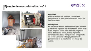 Ejemplo de no conformidad – O1
Actividad
Almacenamiento de residuos y materiales
peligrosos en la obra para instalar una p...