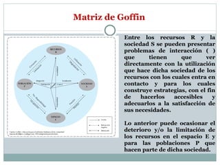 Entre los recursos R y la sociedad S se pueden presentar problemas de interacción ( ) que tienen que ver directamente con la utilización que hace dicha sociedad de los recursos con los cuales entra en contacto y para los cuales construye estrategias, con el fin de hacerlos accesibles y adecuarlos a la satisfacción de sus necesidades.  Lo anterior puede ocasionar el deterioro y/o la limitación de los recursos en el espacio E y para las poblaciones P que hacen parte de dicha sociedad. Matriz de Goffin 