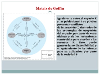 Matriz de Goffin Igualmente entre el espacio E y las poblaciones P se pueden presentar conflictos de interacción ( ) derivados de las estrategias de ocupación del espacio, por parte de éstas últimas y de los mecanismos construidos para acceder a los recursos R. Esto puede generar la no disponibilidad y el agotamiento de los mismos para su utilización por parte de la sociedad S. 