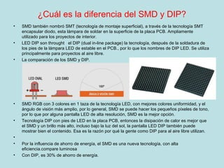 ¿Cuál es la diferencia del SMD y DIP?
• SMD también nombró SMT (tecnología de montaje superficial), a través de la tecnología SMT
encapsular diodo, esta lámpara de soldar en la superficie de la placa PCB. Ampliamente
utilizado para los proyectos de interior.
• LED DIP son throught el DIP (dual in-line package) la tecnología, después de la soldadura de
los pies de la lámpara LED de estable en el PCB., por lo que los nombres de DIP LED. Se utiliza
principalmente para proyectos al aire libre.
• La comparación de los SMD y DIP.
• SMD RGB con 3 colores en 1 taza de la tecnología LED, con mejores colores uniformidad, y el
ángulo de visión más amplio, por lo general, SMD se puede hacer los pequeños píxeles de tono,
por lo que por alguna pantalla LED de alta resolución, SMD es la mejor opción.
• Tecnología DIP con pies de LED en la placa PCB, entonces la disipación de calor es mejor que
el SMD y un brillo más alto, incluso bajo la luz del sol, la pantalla LED DIP también puede
mostrar bien el contenido. Esa es la razón por qué la gente como DIP para al aire libre utilizan.
•
• Por la influencia de ahorro de energía, el SMD es una nueva tecnología, con alta
eficiencia.compare luminosa
• Con DIP, es 30% de ahorro de energía.
 