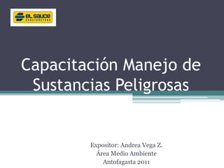 Capacitación Manejo de
Sustancias Peligrosas
Expositor: Andrea Vega Z.
Área Medio Ambiente
Antofagasta 2011
 