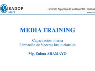 MEDIA   TRAINING C apacitación interna Formación de Voceros Institucionales Mg. Zulma ARAMAYO 