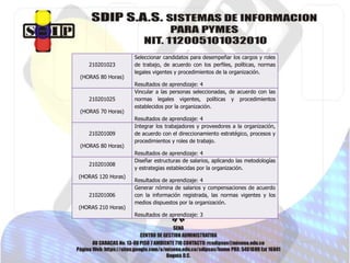 210201023
(HORAS 80 Horas)
Seleccionar candidatos para desempeñar los cargos y roles
de trabajo, de acuerdo con los perfiles, políticas, normas
legales vigentes y procedimientos de la organización.
Resultados de aprendizaje: 4
210201025
(HORAS 70 Horas)
Vincular a las personas seleccionadas, de acuerdo con las
normas legales vigentes, políticas y procedimientos
establecidos por la organización.
Resultados de aprendizaje: 4
210201009
(HORAS 80 Horas)
Integrar los trabajadores y proveedores a la organización,
de acuerdo con el direccionamiento estratégico, procesos y
procedimientos y roles de trabajo.
Resultados de aprendizaje: 4
210201008
(HORAS 120 Horas)
Diseñar estructuras de salarios, aplicando las metodologías
y estrategias establecidas por la organización.
Resultados de aprendizaje: 4
210201006
(HORAS 210 Horas)
Generar nómina de salarios y compensaciones de acuerdo
con la información registrada, las normas vigentes y los
medios dispuestos por la organización.
Resultados de aprendizaje: 3
 