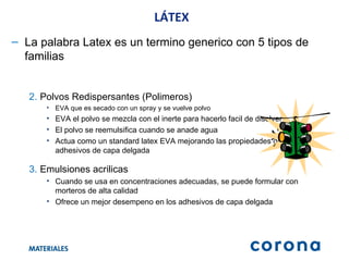 LÁTEX La palabra Latex es un termino generico con 5 tipos de familias Polvos Redispersantes (Polimeros) EVA que es secado con un spray y se vuelve polvo EVA el polvo se mezcla con el inerte para hacerlo facil de disolver El polvo se reemulsifica cuando se anade agua Actua como un standard latex EVA mejorando las propiedades de los adhesivos de capa delgada Emulsiones acrilicas Cuando se usa en concentraciones adecuadas, se puede formular con morteros de alta calidad Ofrece un mejor desempeno en los adhesivos de capa delgada 