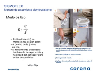 Modo de Uso SISMOFLEX Mortero de aislamiento sismoresistente R (Rendimiento) en  metros lineales por gal ó n A (ancho de la junta)  en cm. El rendimiento depender á   tambi é n de la experiencia y  habilidad del aplicador para  evitar desperdicios. Video Clip. 