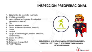 1. Documentos del conductor y vehículo.
2. Nivel de combustible.
3. Luces (delanteras, traseras, direccionales,
parqueadero, reversa).
4. Pito.
5. Alarma sonora de reversa.
6. Estado de llantas (delanteras, traseras).
7. Frenos.
8. Espejos.
9. Equipo de carretera (gato, señales reflectivas,
herramientas).
10.Estado del extintor.
11.Botiquín.
12.Cinturones de seguridad.
13.PICO Y PLACA
RECUERDE QUE SI SE MOVILIZAN MAS DE TRES PERSONAS ESTA
EXCEPTO A PICO Y PLACA → REGISTRARSE EN LA PAGINA DE
MOVILIDAD BOGOTÁ
 