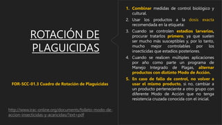 ROTACIÓN DE
PLAGUICIDAS
1. Combinar medidas de control biológico y
cultural.
2. Usar los productos a la dosis exacta
recomendada en la etiqueta:
3. Cuando se controlen estadios larvarios,
procurar tratarlos primero, ya que suelen
ser mucho más susceptibles y, por lo tanto,
mucho mejor controlables por los
insecticidas que estadios posteriores.
4. Cuando se realicen múltiples aplicaciones
por año como parte un programa de
Manejo Integrado de Plagas, alternar
productos con distinto Modo de Acción.
5. En caso de fallo de control, no volver a
usar el mismo producto, si no, cambiar a
un producto perteneciente a otro grupo con
diferente Modo de Acción que no tenga
resistencia cruzada conocida con el inicial.
FOR-SCC-01.3 Cuadro de Rotación de Plaguicidas
http://www.irac-online.org/documents/folleto-modo-de-
accion-insecticidas-y-acaricidas/?ext=pdf
 
