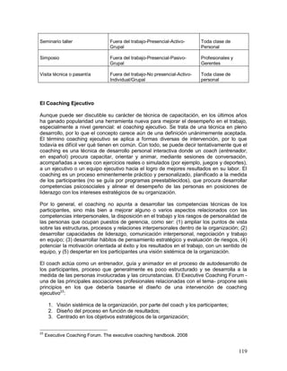 119 
Seminario taller 
Fuera del trabajo-Presencial-Activo- 
Grupal 
Toda clase de 
Personal 
Simposio 
Fuera del trabajo-Presencial-Pasivo- 
Grupal 
Profesionales y 
Gerentes 
Visita técnica o pasantía 
Fuera del trabajo-No presencial-Activo- 
Individual/Grupal 
Toda clase de 
personal 
El Coaching Ejecutivo 
Aunque puede ser discutible su carácter de técnica de capacitación, en los últimos años 
ha ganado popularidad una herramienta nueva para mejorar el desempeño en el trabajo, 
especialmente a nivel gerencial: el coaching ejecutivo. Se trata de una técnica en pleno 
desarrollo, por lo que el concepto carece aún de una definición unánimemente aceptada. 
El término coaching ejecutivo se aplica a formas diversas de intervención, por lo que 
todavía es difícil ver qué tienen en común. Con todo, se puede decir tentativamente que el 
coaching es una técnica de desarrollo personal interactiva donde un coach (entrenador, 
en español) procura capacitar, orientar y animar, mediante sesiones de conversación, 
acompañadas a veces con ejercicios reales o simulados (por ejemplo, juegos y deportes), 
a un ejecutivo o un equipo ejecutivo hacia el logro de mejores resultados en su labor. El 
coaching es un proceso eminentemente práctico y personalizado, planificado a la medida 
de los participantes (no se guía por programas preestablecidos), que procura desarrollar 
competencias psicosociales y alinear el desempeño de las personas en posiciones de 
liderazgo con los intereses estratégicos de su organización. 
Por lo general, el coaching no apunta a desarrollar las competencias técnicas de los 
participantes, sino más bien a mejorar alguno o varios aspectos relacionados con las 
competencias interpersonales, la disposición en el trabajo y los rasgos de personalidad de 
las personas que ocupan puestos de gerencia, como ser: (1) ampliar los puntos de vista 
sobre las estructuras, procesos y relaciones interpersonales dentro de la organización; (2) 
desarrollar capacidades de liderazgo, comunicación interpersonal, negociación y trabajo 
en equipo; (3) desarrollar hábitos de pensamiento estratégico y evaluación de riesgos, (4) 
potenciar la motivación orientada al éxito y los resultados en el trabajo, con un sentido de 
equipo, y (5) despertar en los participantes una visión sistémica de la organización. 
El coach actúa como un entrenador, guía y animador en el proceso de autodesarrollo de 
los participantes, proceso que generalmente es poco estructurado y se desarrolla a la 
medida de las personas involucradas y las circunstancias. El Executive Coaching Forum - 
una de las principales asociaciones profesionales relacionadas con el tema- propone seis 
principios en los que debería basarse el diseño de una intervención de coaching 
ejecutivo23: 
1. Visión sistémica de la organización, por parte del coach y los participantes; 
2. Diseño del proceso en función de resultados; 
3. Centrado en los objetivos estratégicos de la organización; 
23 Executive Coaching Forum. The executive coaching handbook. 2008 
 