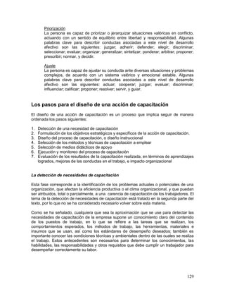 Priorización 
La persona es capaz de priorizar o jerarquizar situaciones valóricas en conflicto, 
actuando con un sentido de equilibrio entre libertad y responsabilidad. Algunas 
palabras clave para describir conductas asociadas a este nivel de desarrollo 
afectivo son las siguientes: juzgar; adherir; defender; elegir; discriminar; 
seleccionar; evaluar; organizar; generalizar; sintetizar; ponderar; arbitrar; proponer; 
prescribir; normar, y decidir. 
Ajuste 
La persona es capaz de ajustar su conducta ante diversas situaciones y problemas 
complejos, de acuerdo con un sistema valórico y emocional estable. Algunas 
palabras clave para describir conductas asociadas a este nivel de desarrollo 
afectivo son las siguientes: actuar; cooperar; juzgar; evaluar; discriminar; 
influenciar; calificar; proponer; resolver; servir, y guiar. 
Los pasos para el diseño de una acción de capacitación 
El diseño de una acción de capacitación es un proceso que implica seguir de manera 
ordenada los pasos siguientes: 
1. Detección de una necesidad de capacitación 
2. Formulación de los objetivos estratégicos y específicos de la acción de capacitación. 
3. Diseño del proceso de capacitación, o diseño instruccional 
4. Selección de los métodos y técnicas de capacitación a emplear 
5. Selección de medios didácticos de apoyo 
6. Ejecución y monitoreo del proceso de capacitación 
7. Evaluación de los resultados de la capacitación realizada, en términos de aprendizajes 
129 
logrados, mejoras de las conductas en el trabajo, e impacto organizacional 
La detección de necesidades de capacitación 
Esta fase corresponde a la identificación de los problemas actuales o potenciales de una 
organización, que afectan la eficiencia productiva o el clima organizacional, y que puedan 
ser atribuidos, total o parcialmente, a una carencia de capacitación de los trabajadores. El 
tema de la detección de necesidades de capacitación está tratado en la segunda parte del 
texto, por lo que no se ha considerado necesario volver sobre esta materia. 
Como se ha señalado, cualquiera que sea la aproximación que se use para detectar las 
necesidades de capacitación de la empresa supone un conocimiento claro del contenido 
de los puestos de trabajo, en lo que se refiere a las tareas que se realizan, los 
comportamientos esperados, los métodos de trabajo, las herramientas, materiales e 
insumos que se usan, así como los estándares de desempeño deseados; también es 
importante conocer las condiciones técnicas y ambientales dentro de las cuales se realiza 
el trabajo. Estos antecedentes son necesarios para determinar los conocimientos, las 
habilidades, las responsabilidades y otros requisitos que debe cumplir un trabajador para 
desempeñar correctamente su labor. 
 