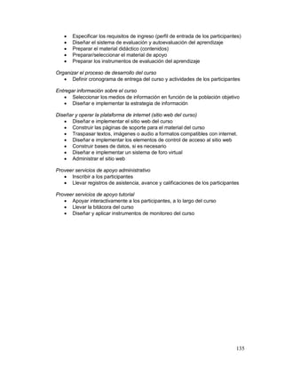  Especificar los requisitos de ingreso (perfil de entrada de los participantes) 
 Diseñar el sistema de evaluación y autoevaluación del aprendizaje 
 Preparar el material didáctico (contenidos) 
 Preparar/seleccionar el material de apoyo 
 Preparar los instrumentos de evaluación del aprendizaje 
135 
Organizar el proceso de desarrollo del curso 
 Definir cronograma de entrega del curso y actividades de los participantes 
Entregar información sobre el curso 
 Seleccionar los medios de información en función de la población objetivo 
 Diseñar e implementar la estrategia de información 
Diseñar y operar la plataforma de internet (sitio web del curso) 
 Diseñar e implementar el sitio web del curso 
 Construir las páginas de soporte para el material del curso 
 Traspasar textos, imágenes o audio a formatos compatibles con internet. 
 Diseñar e implementar los elementos de control de acceso al sitio web 
 Construir bases de datos, si es necesario 
 Diseñar e implementar un sistema de foro virtual 
 Administrar el sitio web 
Proveer servicios de apoyo administrativo 
 Inscribir a los participantes 
 Llevar registros de asistencia, avance y calificaciones de los participantes 
Proveer servicios de apoyo tutorial 
 Apoyar interactivamente a los participantes, a lo largo del curso 
 Llevar la bitácora del curso 
 Diseñar y aplicar instrumentos de monitoreo del curso 
 
