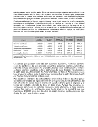 que se pueden evitar gracias a ella. El uso de estándares es especialmente útil cuando se 
trata de estimar el costo del tiempo de personas y activos fijos, como equipos, máquinas e 
instalaciones. El uso de esta clase de estándares es, de hecho, bastante común por parte 
de profesionales y organizaciones que prestan servicios profesionales, como hospitales. 
En el caso del costo del tiempo improductivo de los recursos humanos, una forma sencilla 
de establecer estándares razonablemente válidos consiste en calcular el costo laboral 
promedio por hora-hombre (o por día-hombre), para cada categoría de personal en la 
empresa, conforme al procedimiento que se explica en la sección El costo del tiempo del 
personal de este capítulo. La tabla siguiente presenta un ejemplo, donde los estándares 
de costo por hora-hombre aparecen en la última columna. 
180 
Categoría 
Salario bruto 
anual 
promedio 
Costo salarial 
por hora-hombre 
Costo no 
salarial por 
hora-hombre 
Costo de 
oportunidad 
hora-hombre 
Costo laboral 
total hora-hombre 
Operarios no calificados 
Trabajadores calificados 
Supervisores y Mandos Medios 
Profesionales y Técnicos 
Gerentes y Sub-Gerentes 
2.200.000 
3.000.000 
6.000.000 
11.000.000 
24.000.000 
1.190,48 
1.623,38 
3.246,75 
5.952,38 
12.987,01 
238,10 
324,68 
649,35 
1.190,48 
2.597,40 
357,14 
487,01 
974,03 
1.785,71 
3.896,10 
1.785,71 
2.435,06 
4.870,13 
8.928,57 
19.480,52 
Supuestos: (a) Total horas-hombre hábiles por año = 1.848; (b) Cuota de costos no salariales = 20%; (c) Cuota de costo 
de oportunidad = 30% 
Los valores que aparecen en la tabla son puramente ilustrativos, y deberían ajustarse 
según las condiciones de cada empresa en cuanto a categorías salariales, salario bruto 
promedio (incluida remuneración fija y variable), total de horas-hombre anuales, cuota de 
costos no salariales y cuota de costo de oportunidad. La cuota de costos no salariales es 
la razón Costo de Administración del Personal dividido por Total de Remuneraciones, en 
base anual, y la cuota de costo de oportunidad corresponde a la razón Ganancias dividido 
por Total de Remuneraciones, en base anual. 
Para establecer estándares de costo del tiempo improductivo de bienes de activo fijo hay 
que considerar el costo de reposición del bien correspondiente, la vida útil estimada del 
bien, el costo del capital (tasa de interés del capital pertinente para la empresa) y el 
tiempo aprovechable estimado del bien, en base anual. Aunque hay programas de 
computador para hacer los cálculos necesarios, como alternativa, la tabla siguiente 
contiene los valores de amortización anual (costo anual de la inversión) para una 
inversión de $100.000 en un bien de activo fijo, según diferentes combinaciones de ciclo 
de vida del bien y tasa de interés anual. 
 