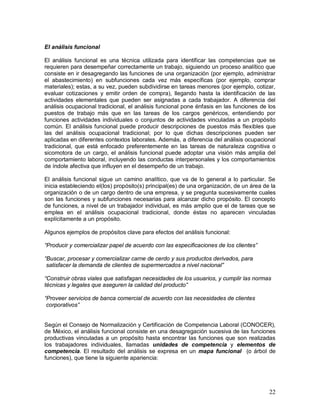 El análisis funcional 
El análisis funcional es una técnica utilizada para identificar las competencias que se 
requieren para desempeñar correctamente un trabajo, siguiendo un proceso analítico que 
consiste en ir desagregando las funciones de una organización (por ejemplo, administrar 
el abastecimiento) en subfunciones cada vez más específicas (por ejemplo, comprar 
materiales); estas, a su vez, pueden subdividirse en tareas menores (por ejemplo, cotizar, 
evaluar cotizaciones y emitir orden de compra), llegando hasta la identificación de las 
actividades elementales que pueden ser asignadas a cada trabajador. A diferencia del 
análisis ocupacional tradicional, el análisis funcional pone énfasis en las funciones de los 
puestos de trabajo más que en las tareas de los cargos genéricos, entendiendo por 
funciones actividades individuales o conjuntos de actividades vinculadas a un propósito 
común. El análisis funcional puede producir descripciones de puestos más flexibles que 
las del análisis ocupacional tradicional; por lo que dichas descripciones pueden ser 
aplicadas en diferentes contextos laborales. Además, a diferencia del análisis ocupacional 
tradicional, que está enfocado preferentemente en las tareas de naturaleza cognitiva o 
sicomotora de un cargo, el análisis funcional puede adoptar una visión más amplia del 
comportamiento laboral, incluyendo las conductas interpersonales y los comportamientos 
de índole afectiva que influyen en el desempeño de un trabajo. 
El análisis funcional sigue un camino analítico, que va de lo general a lo particular. Se 
inicia estableciendo el(los) propósito(s) principal(es) de una organización, de un área de la 
organización o de un cargo dentro de una empresa, y se pregunta sucesivamente cuales 
son las funciones y subfunciones necesarias para alcanzar dicho propósito. El concepto 
de funciones, a nivel de un trabajador individual, es más amplio que el de tareas que se 
emplea en el análisis ocupacional tradicional, donde éstas no aparecen vinculadas 
explícitamente a un propósito. 
Algunos ejemplos de propósitos clave para efectos del análisis funcional: 
“Producir y comercializar papel de acuerdo con las especificaciones de los clientes” 
“Buscar, procesar y comercializar carne de cerdo y sus productos derivados, para 
satisfacer la demanda de clientes de supermercados a nivel nacional” 
“Construir obras viales que satisfagan necesidades de los usuarios, y cumplir las normas 
técnicas y legales que aseguren la calidad del producto” 
“Proveer servicios de banca comercial de acuerdo con las necesidades de clientes 
corporativos” 
Según el Consejo de Normalización y Certificación de Competencia Laboral (CONOCER), 
de México, el análisis funcional consiste en una desagregación sucesiva de las funciones 
productivas vinculadas a un propósito hasta encontrar las funciones que son realizadas 
los trabajadores individuales, llamadas unidades de competencia y elementos de 
competencia. El resultado del análisis se expresa en un mapa funcional (o árbol de 
funciones), que tiene la siguiente apariencia: 
22 
 