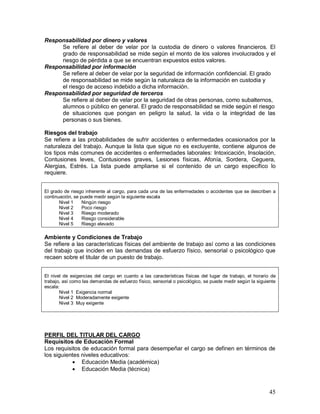 45 
Responsabilidad por dinero y valores 
Se refiere al deber de velar por la custodia de dinero o valores financieros. El 
grado de responsabilidad se mide según el monto de los valores involucrados y el 
riesgo de pérdida a que se encuentran expuestos estos valores. 
Responsabilidad por información 
Se refiere al deber de velar por la seguridad de información confidencial. El grado 
de responsabilidad se mide según la naturaleza de la información en custodia y 
el riesgo de acceso indebido a dicha información. 
Responsabilidad por seguridad de terceros 
Se refiere al deber de velar por la seguridad de otras personas, como subalternos, 
alumnos o público en general. El grado de responsabilidad se mide según el riesgo 
de situaciones que pongan en peligro la salud, la vida o la integridad de las 
personas o sus bienes. 
Riesgos del trabajo 
Se refiere a las probabilidades de sufrir accidentes o enfermedades ocasionados por la 
naturaleza del trabajo. Aunque la lista que sigue no es excluyente, contiene algunos de 
los tipos más comunes de accidentes o enfermedades laborales: Intoxicación, Insolación, 
Contusiones leves, Contusiones graves, Lesiones físicas, Afonía, Sordera, Ceguera, 
Alergias, Estrés. La lista puede ampliarse si el contenido de un cargo específico lo 
requiere. 
El grado de riesgo inherente al cargo, para cada una de las enfermedades o accidentes que se describen a 
continuación, se puede medir según la siguiente escala 
Nivel 1 Ningún riesgo 
Nivel 2 Poco riesgo 
Nivel 3 Riesgo moderado 
Nivel 4 Riesgo considerable 
Nivel 5 Riesgo elevado 
Ambiente y Condiciones de Trabajo 
Se refiere a las características físicas del ambiente de trabajo así como a las condiciones 
del trabajo que inciden en las demandas de esfuerzo físico, sensorial o psicológico que 
recaen sobre el titular de un puesto de trabajo. 
El nivel de exigencias del cargo en cuanto a las características físicas del lugar de trabajo, el horario de 
trabajo, así como las demandas de esfuerzo físico, sensorial o psicológico, se puede medir según la siguiente 
escala: 
Nivel 1 Exigencia normal 
Nivel 2 Moderadamente exigente 
Nivel 3 Muy exigente 
PERFIL DEL TITULAR DEL CARGO 
Requisitos de Educación Formal 
Los requisitos de educación formal para desempeñar el cargo se definen en términos de 
los siguientes niveles educativos: 
 Educación Media (académica) 
 Educación Media (técnica) 
 
