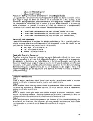 46 
 Educación Técnica Superior 
 Educación Universitaria 
Requisitos de Capacitación o Entrenamiento Inicial Especializado 
La capacitación o entrenamiento inicial especializado (más allá de la educación formal) 
que exige el cargo se define en términos de la duración del (o los) curso(s) o las 
actividades de capacitación o entrenamiento que debe seguir una persona a fin adquirir 
las competencias necesarias para la entrada al puesto. Para establecer la duración de 
estas actividades se pueden considerar acciones de capacitación o entrenamiento 
continuas o discontinuas. Así, cabe distinguir las siguientes categorías: 
 Capacitación o entrenamiento de corta duración (menos de un mes) 
 Capacitación o entrenamiento de mediana duración (uno a tres meses) 
 Capacitación o entrenamiento de larga duración (más de tres meses) 
Requisitos de Experiencia 
La experiencia se define en términos del tiempo de ejercicio del cargo, o de cargos afines, 
que se requiere para alcanzar los estándares de desempeño normal del trabajo. Así, se 
distinguen los siguientes grados de experiencia requerida: 
 Menos de 1 año de experiencia 
 1 a 2 años de experiencia 
 Más de 2 años de experiencia 
Desarrollo Cognitivo Requerido 
Se refiere al nivel de desarrollo intelectual que exige el ejercicio ordinario del cargo, y que 
se logra normalmente a través de la educación formal en lo concerniente a la capacidad 
de raciocinio, el dominio de las matemáticas y el dominio del lenguaje. Los niveles de 
desarrollo cognitivo que exige el cargo se pueden medir usando escalas como las que 
aparecen a continuación, referidas a los aspectos de raciocinio, dominio de matemáticas y 
dominio del lenguaje respectivamente. En el perfil de descripción del cargo se indica el (o 
los) nivel(es) típicos que se requiere en cada dominio, mediante el número (o números) 
correspondiente(s). 
Capacidad de raciocinio 
Nivel 1 
Aplica el sentido común para seguir instrucciones simples, generalmente orales, y enfrentar 
situaciones rutinarias simples que no varían o varían poco ocasionalmente 
Nivel 2 
Aplica el sentido común para seguir instrucciones múltiples simples, orales o escritas, y enfrentar 
problemas que se refieren a cuestiones concretas con pocas variantes y que se presentan en 
situaciones rutinarias generalmente 
Nivel 3 
Aplica el sentido común para seguir instrucciones múltiples de mediana complejidad, orales, 
escritas o en forma de diagrama, y enfrentar problemas que se refieren a cuestiones concretas con 
múltiples variantes y que se presentan en situaciones rutinarias generalmente 
Nivel 4 
Aplica principios lógicos para resolver problemas que contienen muchas variables concretas y que 
se presentan en situaciones poco rutinarias, así como también para interpretar instrucciones 
complejas dadas en forma oral, escrita, diagramática o en forma de programa 
Nivel 5 
 