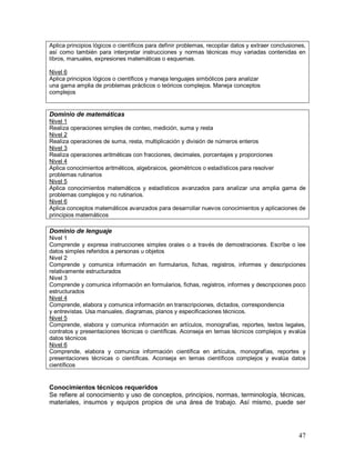 Aplica principios lógicos o científicos para definir problemas, recopilar datos y extraer conclusiones, 
así como también para interpretar instrucciones y normas técnicas muy variadas contenidas en 
libros, manuales, expresiones matemáticas o esquemas. 
Nivel 6 
Aplica principios lógicos o científicos y maneja lenguajes simbólicos para analizar 
una gama amplia de problemas prácticos o teóricos complejos. Maneja conceptos 
complejos 
Dominio de matemáticas 
Nivel 1 
Realiza operaciones simples de conteo, medición, suma y resta 
Nivel 2 
Realiza operaciones de suma, resta, multiplicación y división de números enteros 
Nivel 3 
Realiza operaciones aritméticas con fracciones, decimales, porcentajes y proporciones 
Nivel 4 
Aplica conocimientos aritméticos, algebraicos, geométricos o estadísticos para resolver 
problemas rutinarios 
Nivel 5 
Aplica conocimientos matemáticos y estadísticos avanzados para analizar una amplia gama de 
problemas complejos y no rutinarios. 
Nivel 6 
Aplica conceptos matemáticos avanzados para desarrollar nuevos conocimientos y aplicaciones de 
principios matemáticos 
Dominio de lenguaje 
Nivel 1 
Comprende y expresa instrucciones simples orales o a través de demostraciones. Escribe o lee 
datos simples referidos a personas u objetos 
Nivel 2 
Comprende y comunica información en formularios, fichas, registros, informes y descripciones 
relativamente estructurados 
Nivel 3 
Comprende y comunica información en formularios, fichas, registros, informes y descripciones poco 
estructurados 
Nivel 4 
Comprende, elabora y comunica información en transcripciones, dictados, correspondencia 
y entrevistas. Usa manuales, diagramas, planos y especificaciones técnicos. 
Nivel 5 
Comprende, elabora y comunica información en artículos, monografías, reportes, textos legales, 
contratos y presentaciones técnicas o científicas. Aconseja en temas técnicos complejos y evalúa 
datos técnicos 
Nivel 6 
Comprende, elabora y comunica información científica en artículos, monografías, reportes y 
presentaciones técnicas o científicas. Aconseja en temas científicos complejos y evalúa datos 
científicos 
Conocimientos técnicos requeridos 
Se refiere al conocimiento y uso de conceptos, principios, normas, terminología, técnicas, 
materiales, insumos y equipos propios de una área de trabajo. Así mismo, puede ser 
47 
 