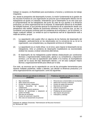 trabajar en equipos y la flexibilidad para acomodarse a horarios y condiciones de trabajo 
irregulares. 
Así, desde la perspectiva del desempeño humano, la misión fundamental de la gestión de 
los recursos humanos en una organización es procurar que el desempeño efectivo de los 
trabajadores se ajuste a lo deseado, entendiendo que el desempeño no es otra cosa que 
el comportamiento de los trabajadores del punto de vista de sus aportes a la eficiencia 
productiva y el clima organizacional de la empresa. El desempeño laboral es el resultado 
de múltiples factores, lo que permite apreciar la importancia de la capacitación desde una 
perspectiva más realista, alejada de posiciones extremas muy comunes que, ya sea, la 
consideran una panacea universal para los problemas de la empresa o, por el contrario, le 
niegan cualquier utilidad. La verdad es que la importancia real de la capacitación está a 
mitad de camino, ya que: 
(1) La capacitación sólo puede influir en algunos de los factores del desempeño del 
trabajador, particularmente en los relacionados con la conciencia de su rol en la 
organización, sus competencias y su disposición anímica en el trabajo. 
(2) La capacitación es un medio eficaz -no el único- para mejorar el desempeño de los 
trabajadores. Ante un problema de desempeño insatisfactorio es recomendable 
analizar las causas y evaluar soluciones alternativas. 
(3) El desempeño de los trabajadores puede hallarse obstaculizado por condiciones 
técnicas u organizacionales inadecuadas, ajenas a su competencia y disposición 
anímica; y en tal caso la capacitación será estéril. A la inversa, la incompetencia 
puede ser la causa del bajo desempeño laboral; y en tal caso cualquier mejora 
técnica u organizacional tendrá poco efecto por sí sola. 
Con todo, se reconoce que la capacitación es una de las principales herramientas para 
resolver múltiples problemas, reales o latentes, que afectan la eficiencia productiva y el 
clima organizacional de una organización, como los siguientes: 
60 
Problemas laborales que afectan la eficiencia 
productiva 
Problemas laborales que afectan el clima 
organizacional 
 Bajo rendimiento 
 Mala calidad del producto 
 Exceso de errores y desperdicio 
 Averías frecuentes de equipos e 
instalaciones 
 Gastos de reparación excesivos 
 Demora de aprendizaje y adaptación al 
puesto de trabajo 
 Alta tasa de accidentes 
 Exceso de supervisión requerida 
 Alto costo de reclutamiento de personal 
 Personal poco comprometido con la empresa 
 Relaciones humanas conflictivas 
 Exceso de quejas del personal 
 Desinterés en el trabajo 
 Falta de cooperación 
 Exceso de atrasos y ausencias 
 Problemas de comunicación 
 Alta rotación del personal 
 Indisciplina y sabotaje 
Adaptado de: Idalberto Chiavenato, "Administración de Recursos Humanos". 
Ed. McGraw-Hill. 1993 
 