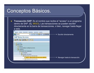 Conceptos Básicos.
  Transacción SAP: Es el nombre que recibe el “acceso” a un programa
  dentro de SAP. (Ej. MIGO), Las transacciones se pueden escribir
  directamente en la barra de transacciones, o bien, navegar hasta llegar
  a esta.

                                                Escribir directamente




                                                Navegar hasta la transacción.
 