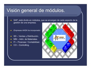 Visión general de módulos.
   SAP, está divido en módulos, que se encargan de cada aspecto de la
   gestión de una empresa.


   Empresas AASA ha incorporado:


   SD – Ventas y Distribución.
   MM – Adm. de Materiales.
   FI – Finanzas / Contabilidad.
   CO – Controlling.
 