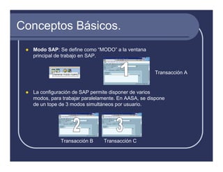 Conceptos Básicos.
  Modo SAP: Se define como “MODO” a la ventana
  principal de trabajo en SAP.


                                                    Transacción A


  La configuración de SAP permite disponer de varios
  modos, para trabajar paralelamente. En AASA, se dispone
  de un tope de 3 modos simultáneos por usuario.




             Transacción B     Transacción C
 