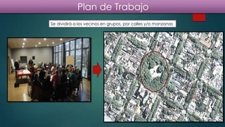 Plan de Trabajo
Se dividirá a los vecinos en grupos, por calles y/o manzanas
 