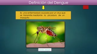 Definición del Dengue
Es una enfermedad causada por un virus que
se transmite mediante la picadura de un
mosquito
Aedes aegypti
 