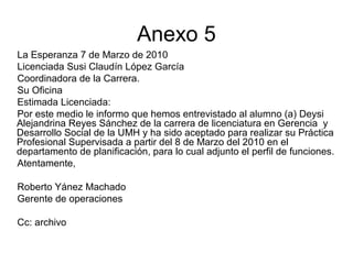 Anexo 5
La Esperanza 7 de Marzo de 2010
Licenciada Susi Claudín López García
Coordinadora de la Carrera.
Su Oficina
Estimada Licenciada:
Por este medio le informo que hemos entrevistado al alumno (a) Deysi
Alejandrina Reyes Sánchez de la carrera de licenciatura en Gerencia y
Desarrollo Social de la UMH y ha sido aceptado para realizar su Práctica
Profesional Supervisada a partir del 8 de Marzo del 2010 en el
departamento de planificación, para lo cual adjunto el perfil de funciones.
Atentamente,
Roberto Yánez Machado
Gerente de operaciones
Cc: archivo
 