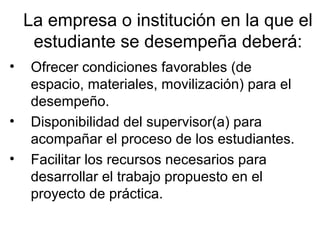 La empresa o institución en la que el
estudiante se desempeña deberá:
• Ofrecer condiciones favorables (de
espacio, materiales, movilización) para el
desempeño.
• Disponibilidad del supervisor(a) para
acompañar el proceso de los estudiantes.
• Facilitar los recursos necesarios para
desarrollar el trabajo propuesto en el
proyecto de práctica.
 
